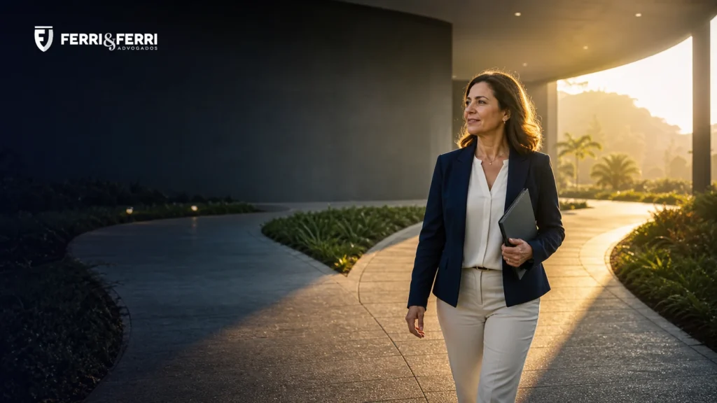 Mulher seguindo caminho iluminado, representando o planejamento previdenciário para a aposentadoria