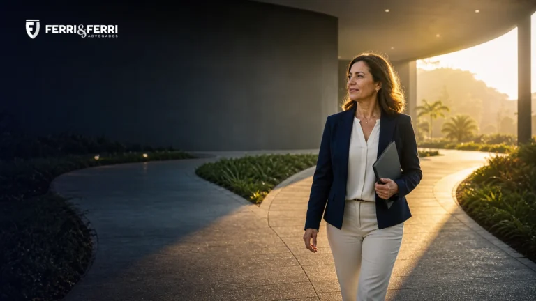 Mulher seguindo caminho iluminado, representando o planejamento previdenciário para a aposentadoria