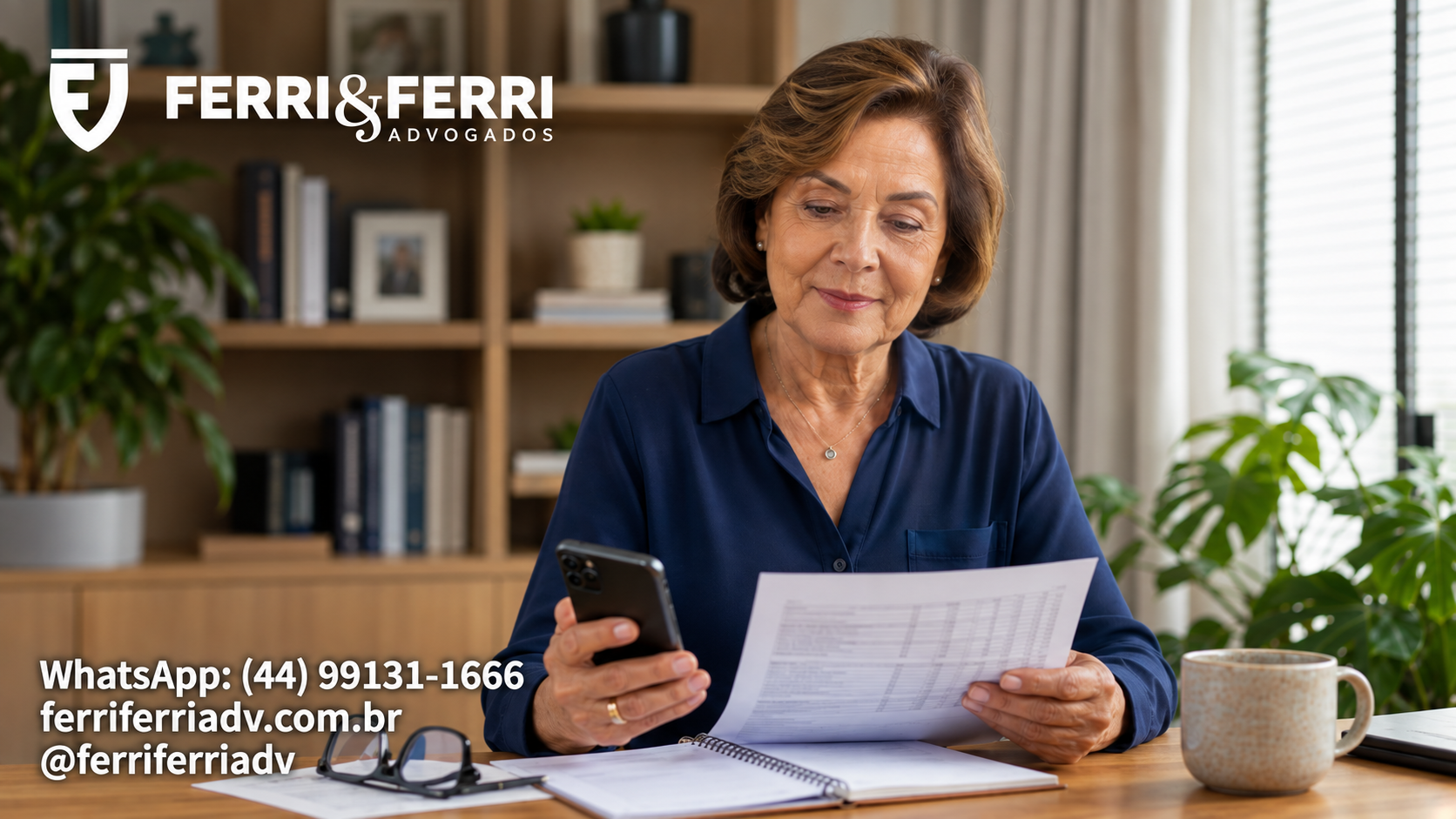 Mulher conferindo documentos e celular para organizar a aposentadoria por idade, com identificação da Ferri & Ferri Advogados