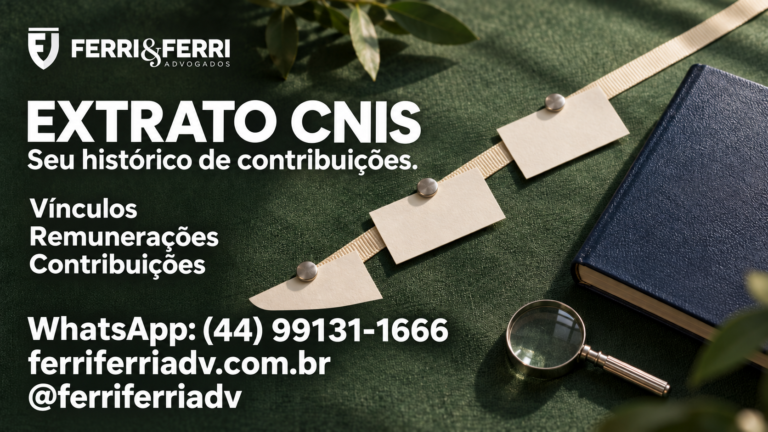 Linha do tempo ilustrativa com cartões sem dados, caderno e lupa, com o título Extrato CNIS e referências a vínculos, remunerações e contribuições.