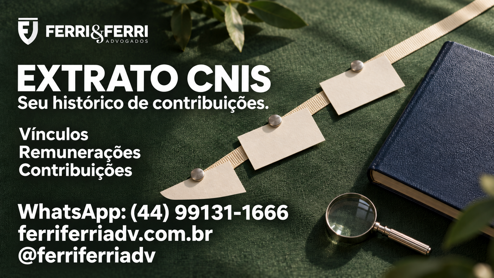 Linha do tempo ilustrativa com cartões sem dados, caderno e lupa, com o título Extrato CNIS e referências a vínculos, remunerações e contribuições.
