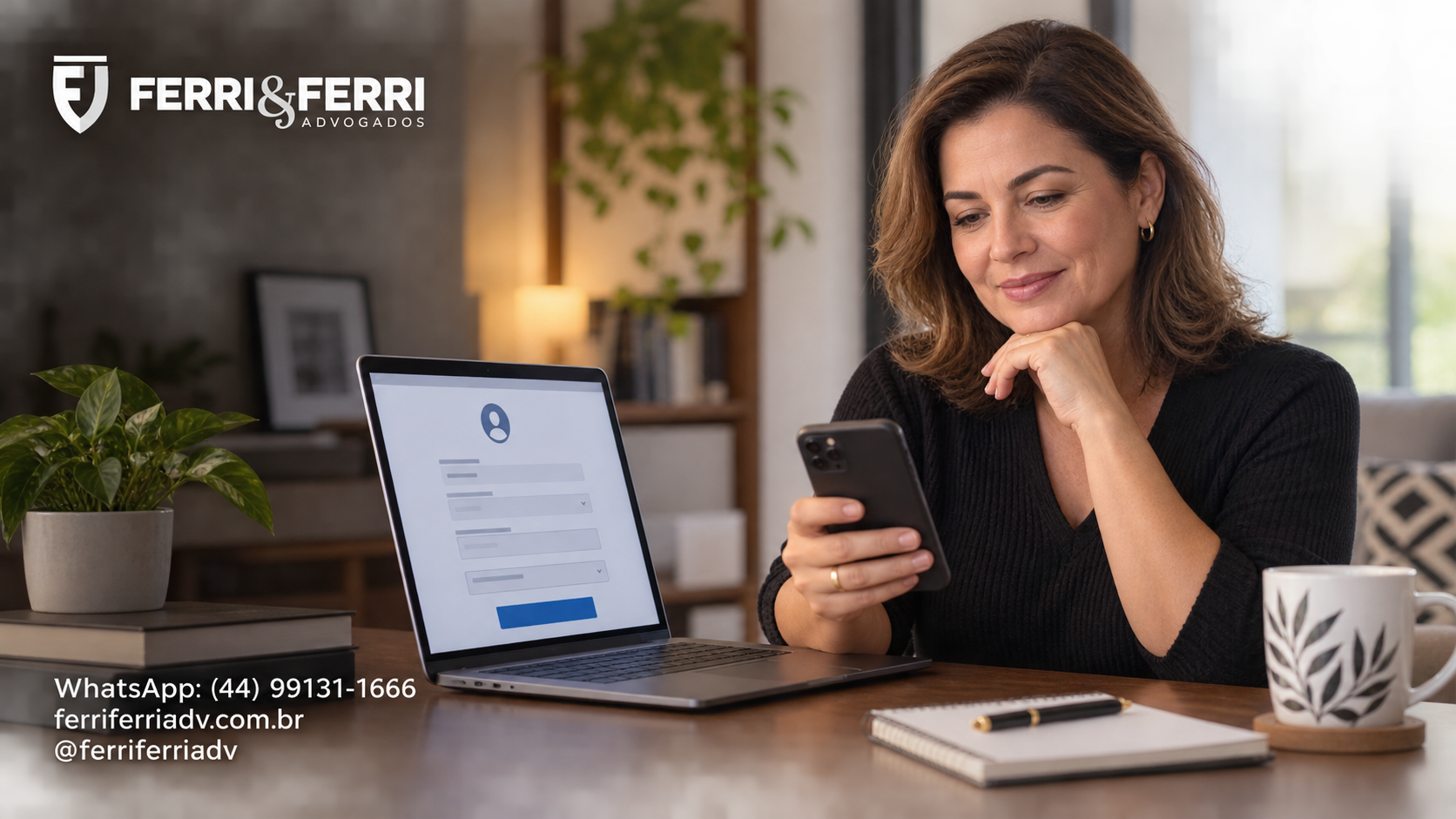 Mulher consultando o celular ao lado de um notebook com formulário de dados cadastrais, com logo e contatos da Ferri & Ferri.