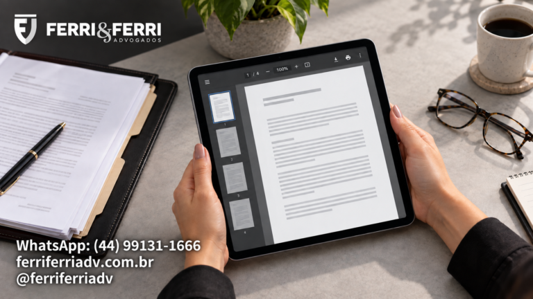 Pessoa consultando uma cópia digital de documentos em um tablet, ao lado de uma pasta organizada.