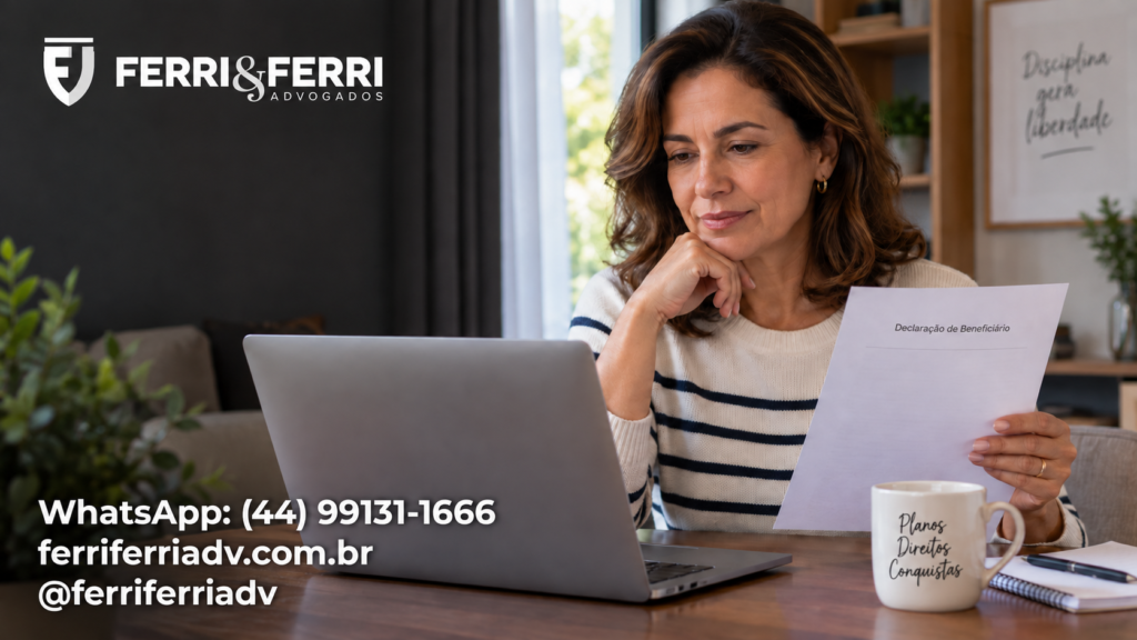 Mulher consultando um notebook e segurando uma declaração ilustrativa de beneficiário, em ambiente doméstico.
