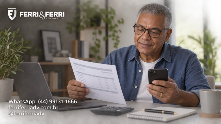 Homem conferindo um demonstrativo ilustrativo e o celular, com logo branco e contatos da Ferri & Ferri.