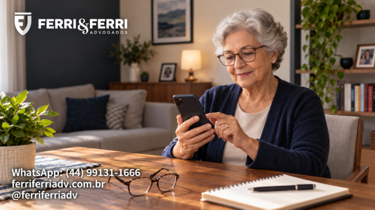 Mulher idosa conferindo informações no celular em casa, com identificação da Ferri & Ferri Advogados