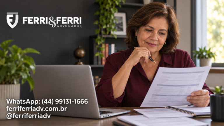 Mulher conferindo um informe ilustrativo de rendimentos ao lado de um notebook, com logo branco e contatos da Ferri & Ferri.