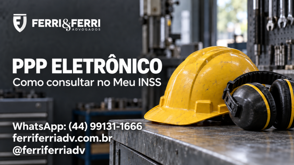 Capacete e protetor auditivo em ambiente industrial, com a mensagem PPP eletrônico: como consultar no Meu INSS e a marca Ferri & Ferri.