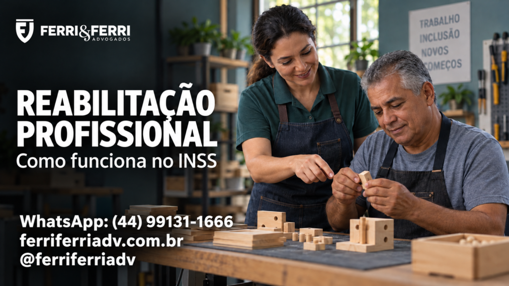 Instrutora orientando um adulto em atividade prática de capacitação em oficina, com a mensagem Reabilitação profissional: como funciona no INSS e marca Ferri & Ferri.