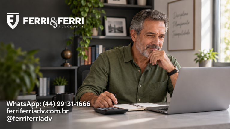 Homem consultando o computador com calculadora e caderno, em cena ilustrativa de planejamento da aposentadoria, com logo branco e contatos da Ferri & Ferri.